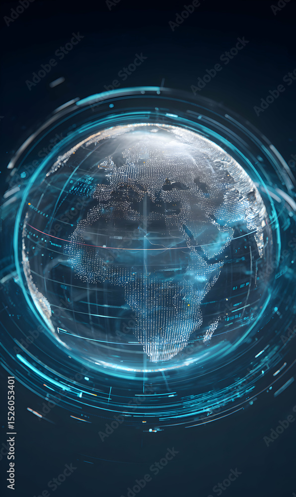 Poster futuristic earth hologram displaying global connectivity and technological advancement emphasizing i