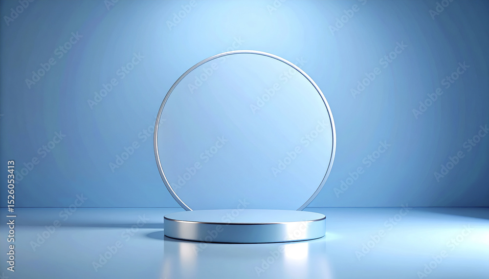 Poster sleek circular display stand with reflective surface in soft blue setting