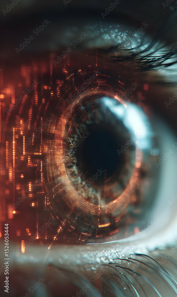 Poster futuristic eye technology with digital overlays creating a sense of augmented reality vision innovat