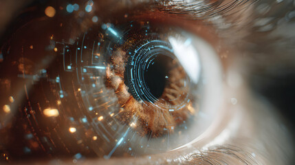 A close up view of human eye with augmented reality interface and digital connections integration