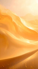 A serene desert landscape with flowing sand dunes illuminated by warm sunlight.