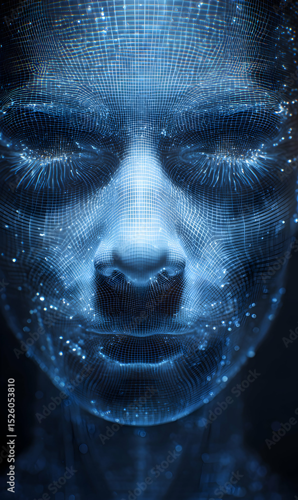 Poster digital portrait of a face illuminated in blue light futuristic face tech advanced creation visual