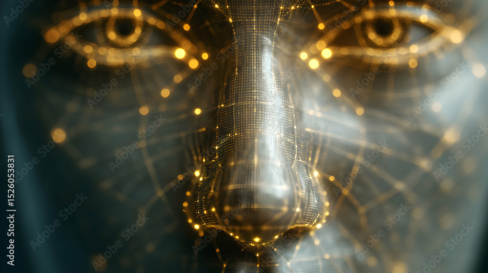 Poster abstract face technology and artificial intelligence concept with glowing neural network design