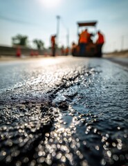 Asphalt road construction with workers and equipment