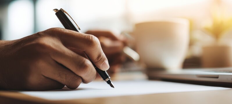 The close-up of a hand writing notes with a pen beside coffee cup.