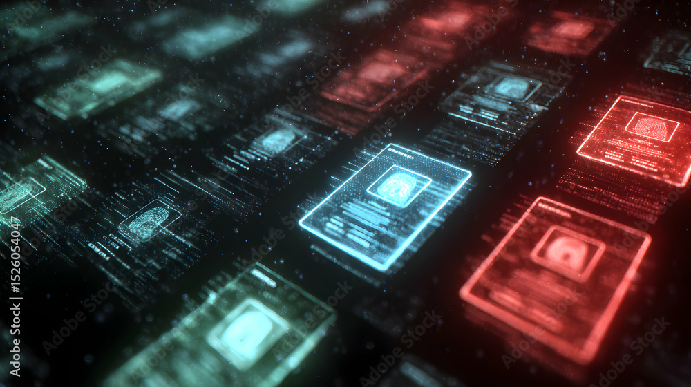 Poster digital biometric data visualization showcasing fingerprints and security in a futuristic network sy