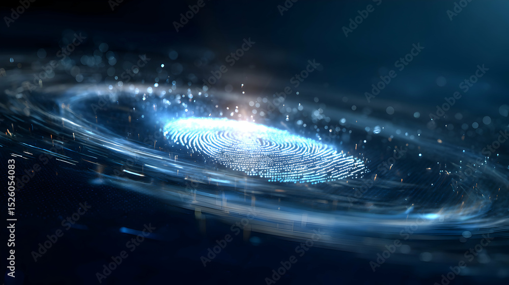 Poster digital fingerprint with glowing particles represents identity security authentication and cybersecu