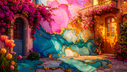 A vibrant courtyard adorned with colorful flowers and a stunning mural.