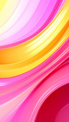 A vibrant abstract design featuring flowing curves in pink, yellow, and orange hues.