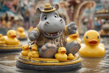 A cool rhino in demolition derby gear crashing a bumper car into a stack of rubber ducks, chaotic funfair background.