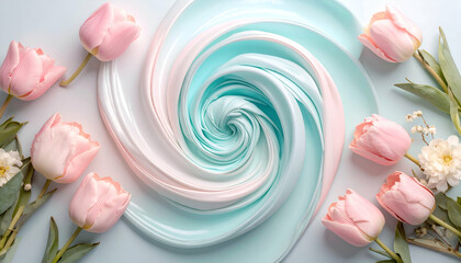 A swirl of pastel colors surrounded by pink tulips, creating a serene aesthetic.
