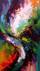Abstract vibrant painting with swirling colors and dynamic forms.