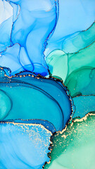 Abstract fluid art with blue and green hues accented by gold details.