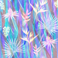Translucent jungle flowers seamless pattern  on abstract watercolor background