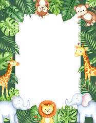 A colorful jungle-themed frame featuring cute animals and tropical leaves.