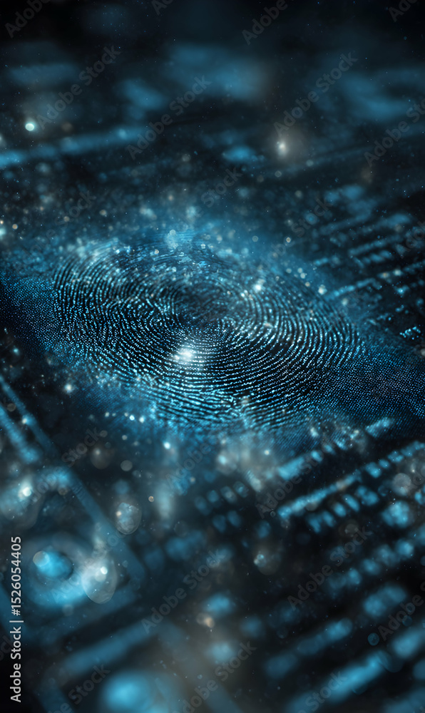 Poster biometric security technology with digital fingerprint and circuit board representing cybersecurity 