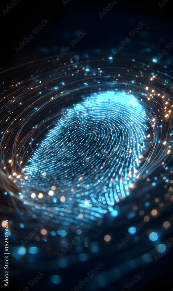 Poster futuristic fingerprint security system represented through abstract glowing digital particles techno