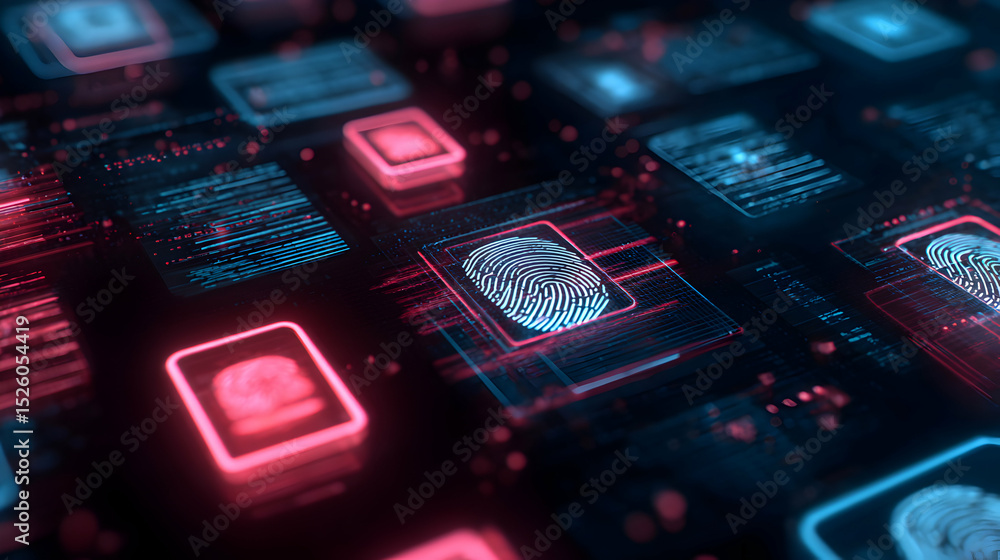 Poster advanced biometric authentication system with fingerprints on digital interfaces for security soluti
