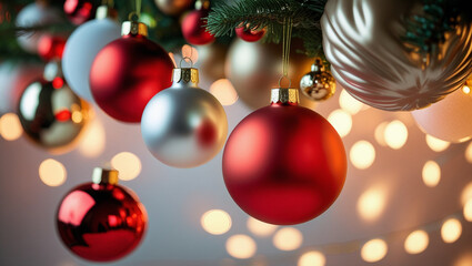 Obraz premium Festive Christmas Ornaments Hanging on a Tree