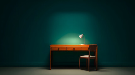 Minimalist wooden desk with warm glow, a serene workspace for focused productivity