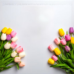 A vibrant arrangement of tulips in various colors on a blank background.