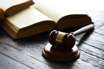 Judges gavel on wooden desk. Law firm concept.