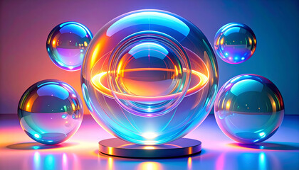 A set of colorful, translucent spheres with a glowing core on a reflective surface.