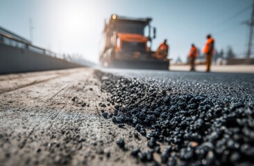 Road construction with asphalt and workers
