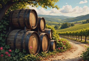 Wine barrels nestled among lush vineyards in S&atilde;o Martinho, Portugal