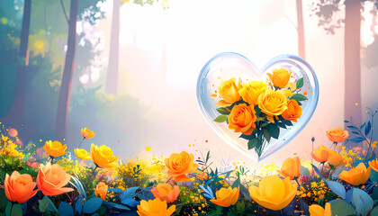 A heart-shaped glass contains yellow roses in a vibrant, floral landscape.