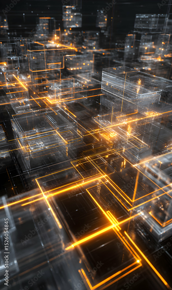 Poster futuristic cityscape with glowing lines creating an abstract urban network design and technological 