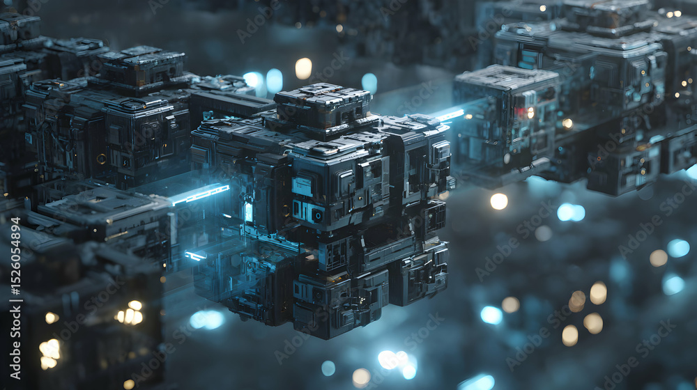 Poster futuristic city scape with complex modular structures interconnected by light beams rendering
