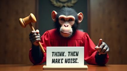 Wise Chimpanzee Judge Holding Sign That Says “Think. Then Make Noise.