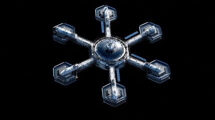 Detailed illustration of a complex, snowflake-shaped, futuristic structure.