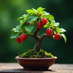 Miniature strawberry tree bonsai, vibrant red berries, soil, small tree, stock
