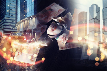 Double exposure of male hands locked in handcuffs city landscape background. Hands in handcuffs...