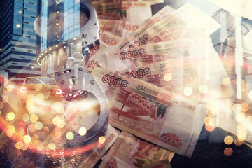 Double exposure of male hands locked in handcuffs city landscape background. Hands in handcuffs...
