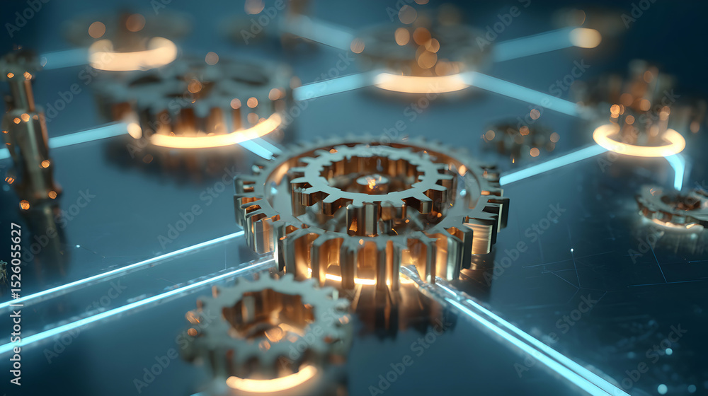 Poster gears interconnected by light beams representing the workings of complex system and a modern machine