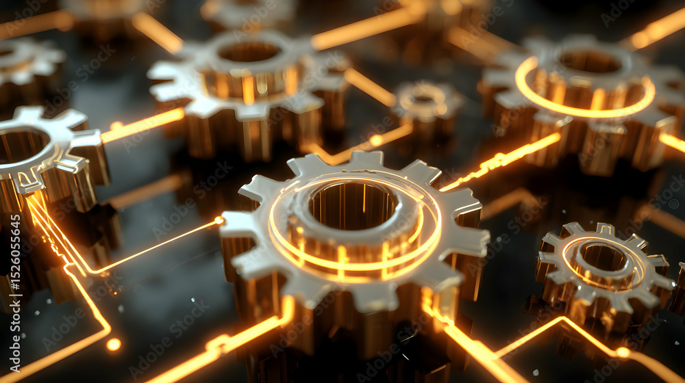 Poster gears in motion showcasing interconnected system and complex mechanics, symbolizing innovation and p