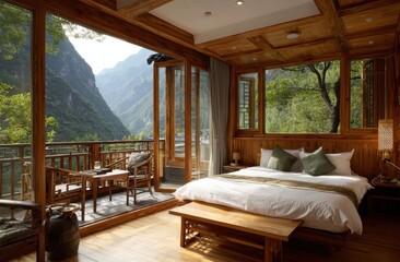 Bedroom retreat with mountain view and wood interior