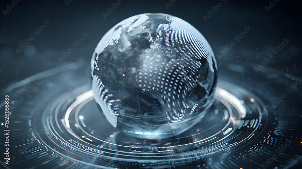 Poster crystal globe rests on a futuristic platform symbolizing global connectivity and technological advan
