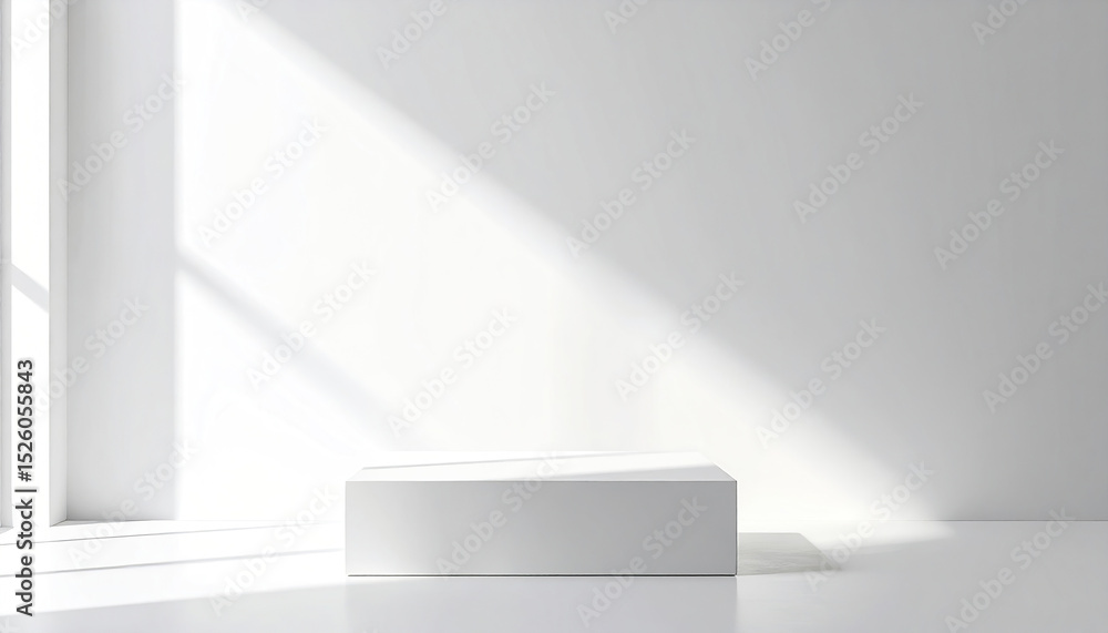 Poster minimalistic white object on plinth, illuminated by soft ambient light