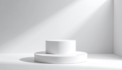 Fototapeta premium minimalistic display featuring white circular plinth pure white wall, illuminated by soft
