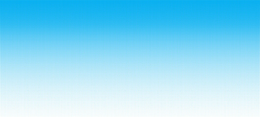 Blue sky seamless dotted halftone gradient border. Cyan color retro halftone dot top to bottom gradation. Vector horizontal geometric background. CMYK effect seamless pattern. Abstract pixelated bg
