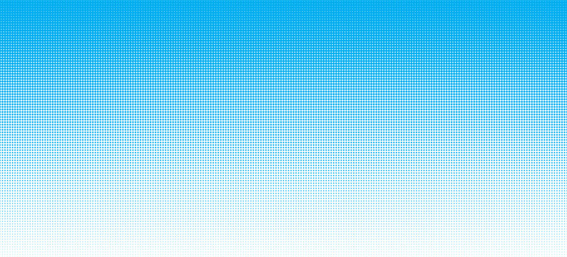 Blue sky seamless dotted halftone gradient border. Cyan color retro halftone dot top to bottom gradation. Vector horizontal geometric background. CMYK effect seamless pattern. Abstract pixelated bg