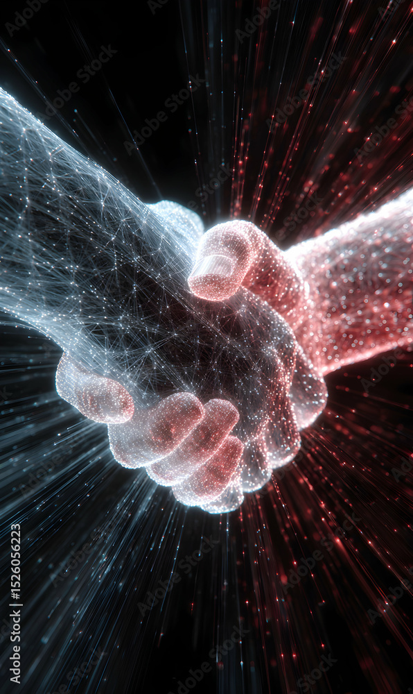 Poster digital handshake symbolizing partnership and collaboration across technology and innovation for mut
