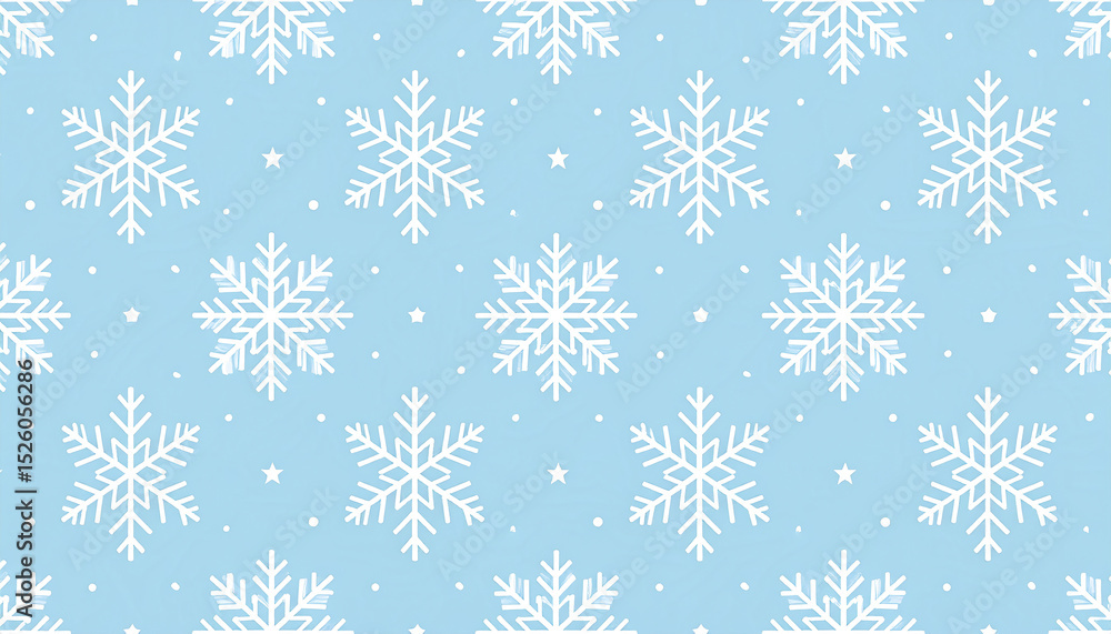 Poster seamless light blue background with intricate white snowflake pattern and delicate stars