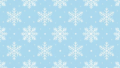 Seamless light blue background with intricate white snowflake pattern and delicate stars