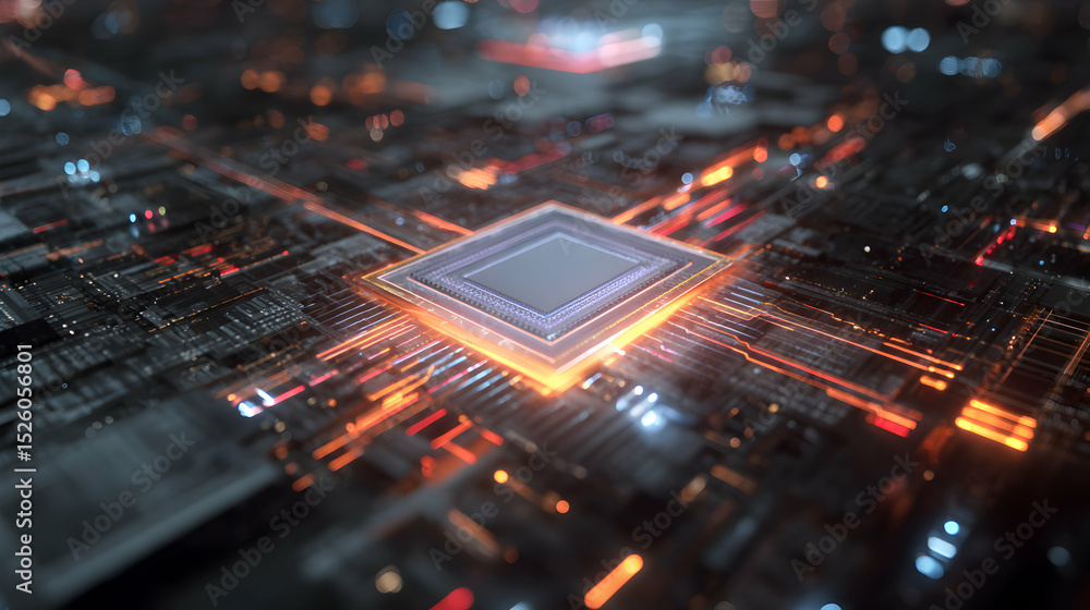 Poster close up futuristic microchip circuit board with glowing data streams for innovative technology conc