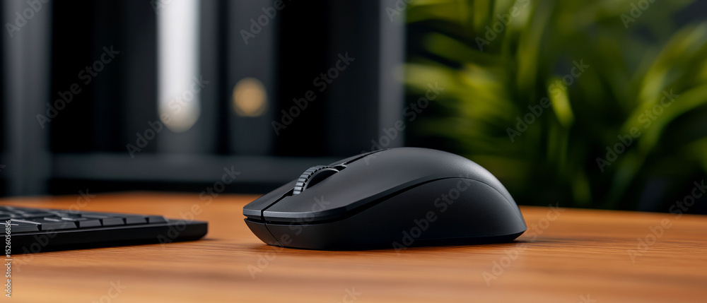 Poster black computer mouse on wooden desk with keyboard and green plants in background